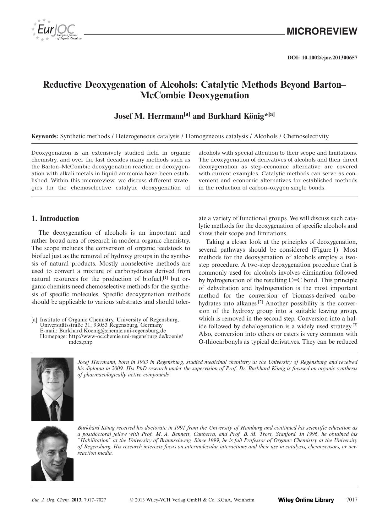 Reductive Deoxygenation of Alcohols: Catalytic Methods Beyond BartonMcCombie Deoxygenation by Unknown