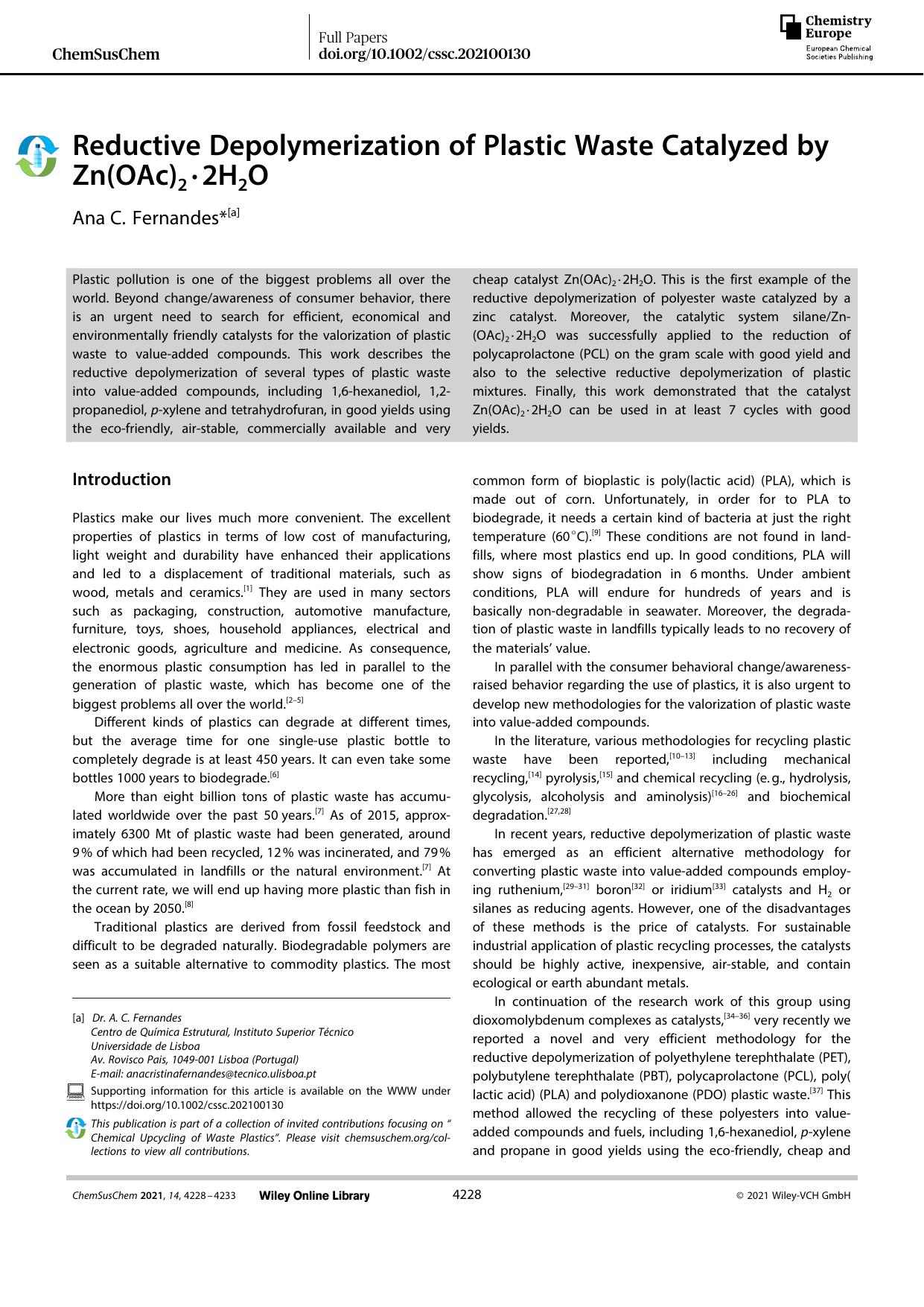 Reductive Depolymerization of Plastic Waste Catalyzed by Zn(OAc)2âââ2H2O by Unknown