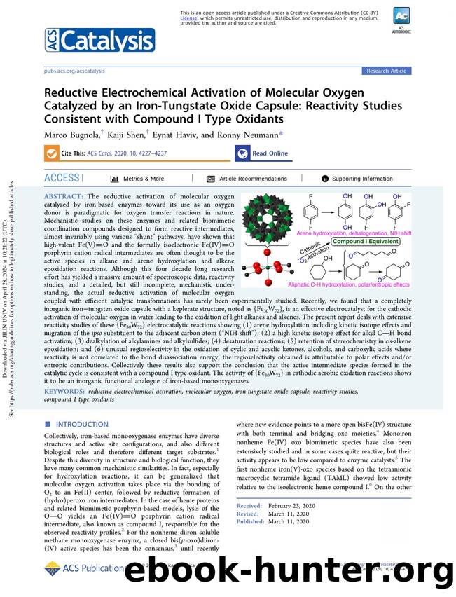 Reductive Electrochemical Activation of Molecular Oxygen Catalyzed by an Iron-Tungstate Oxide Capsule: Reactivity Studies Consistent with Compound I Type Oxidants by Marco Bugnola Kaiji Shen Eynat Haviv & Ronny Neumann