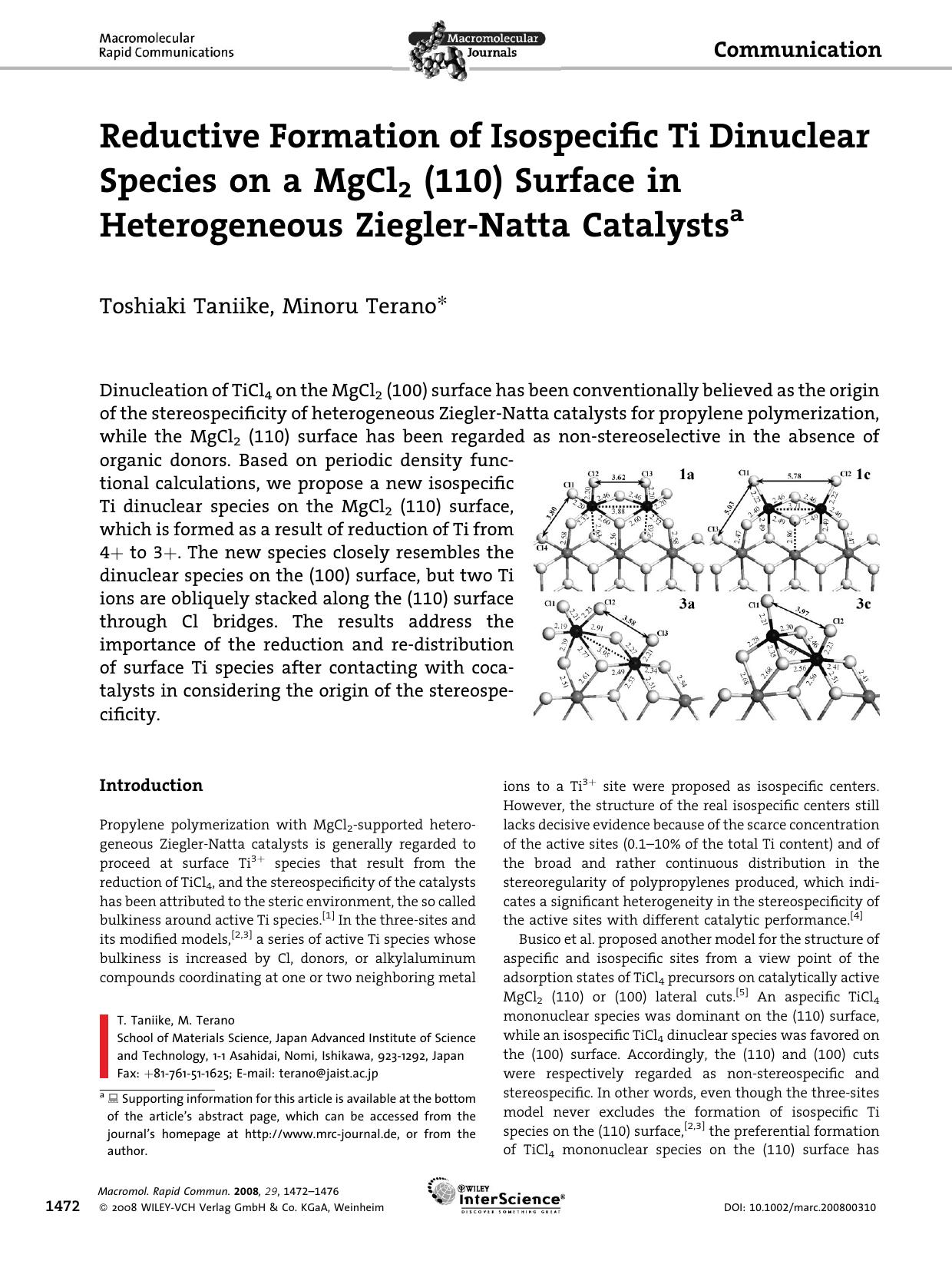Reductive Formation of Isospecific Ti Dinuclear Species on a MgCl2 (110) Surface in Heterogeneous Ziegler-Natta Catalysts by Unknown
