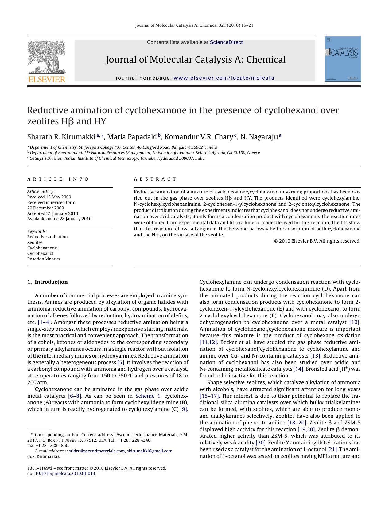 Reductive amination of cyclohexanone in the presence of cyclohexanol over zeolites HÃÂ² and HY by Sharath R. Kirumakki; Maria Papadaki; Komandur V.R. Chary; N. Nagaraju