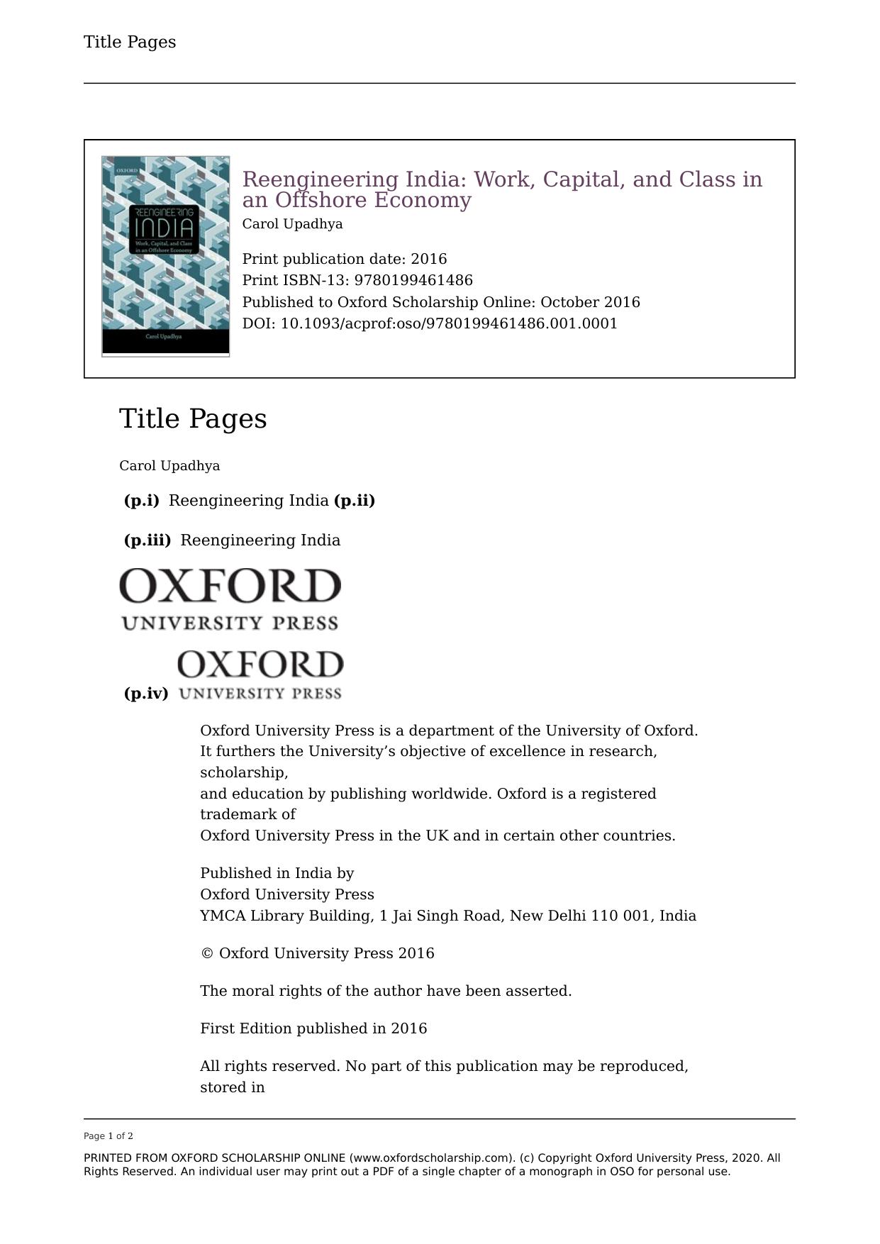 Reengineering India: Work, Capital, and Class in an Offshore Economy by Carol Upadhya