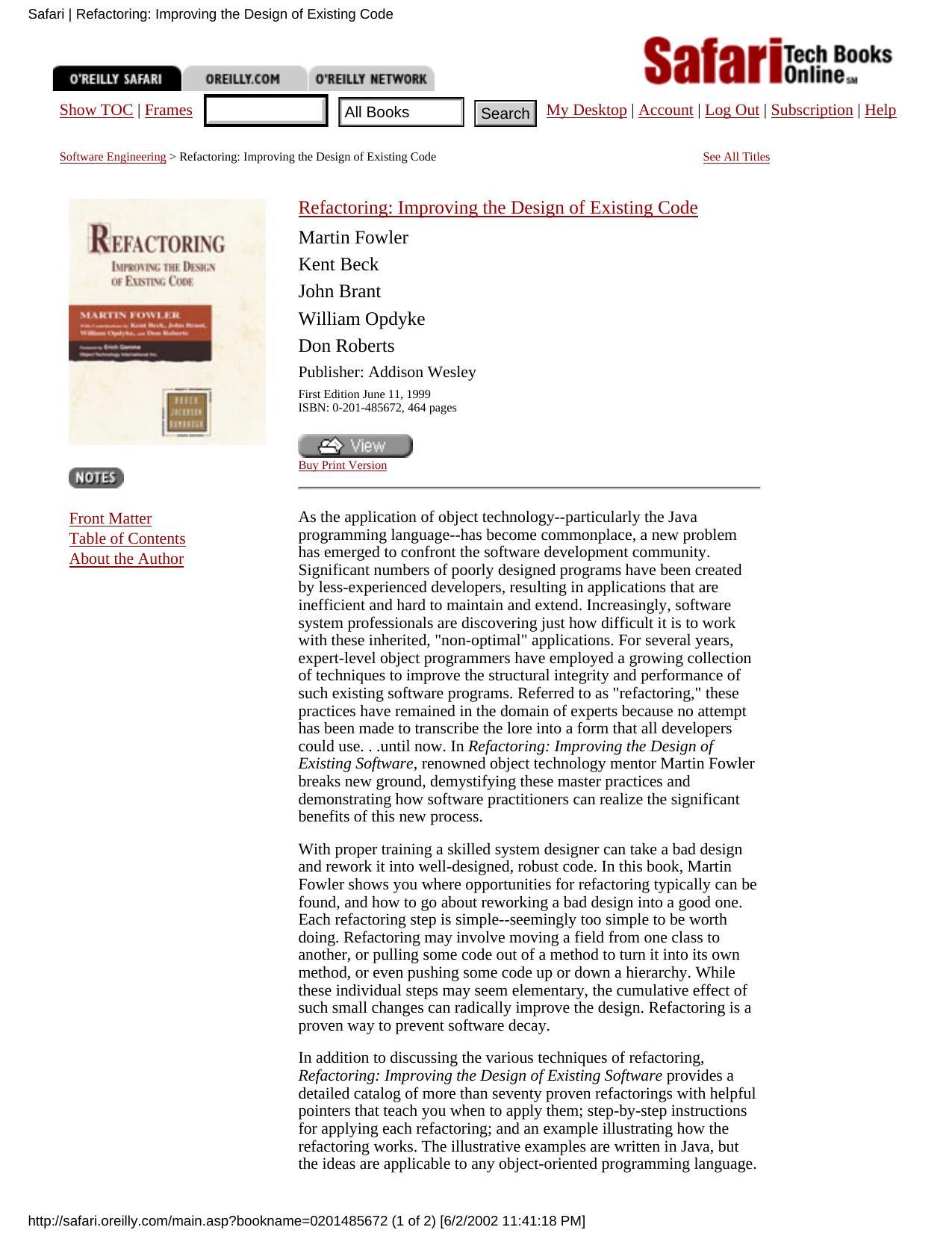 Refactoring: Improving the Design of Existing Code by Martin Fowler Kent Beck John Brant William Opdyke Don Roberts