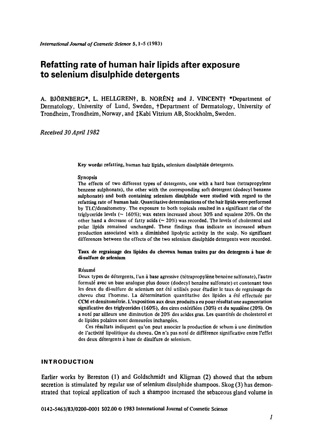 Refatting rate of human hair lipids after exposure to selenium disulphide detergents by Unknown