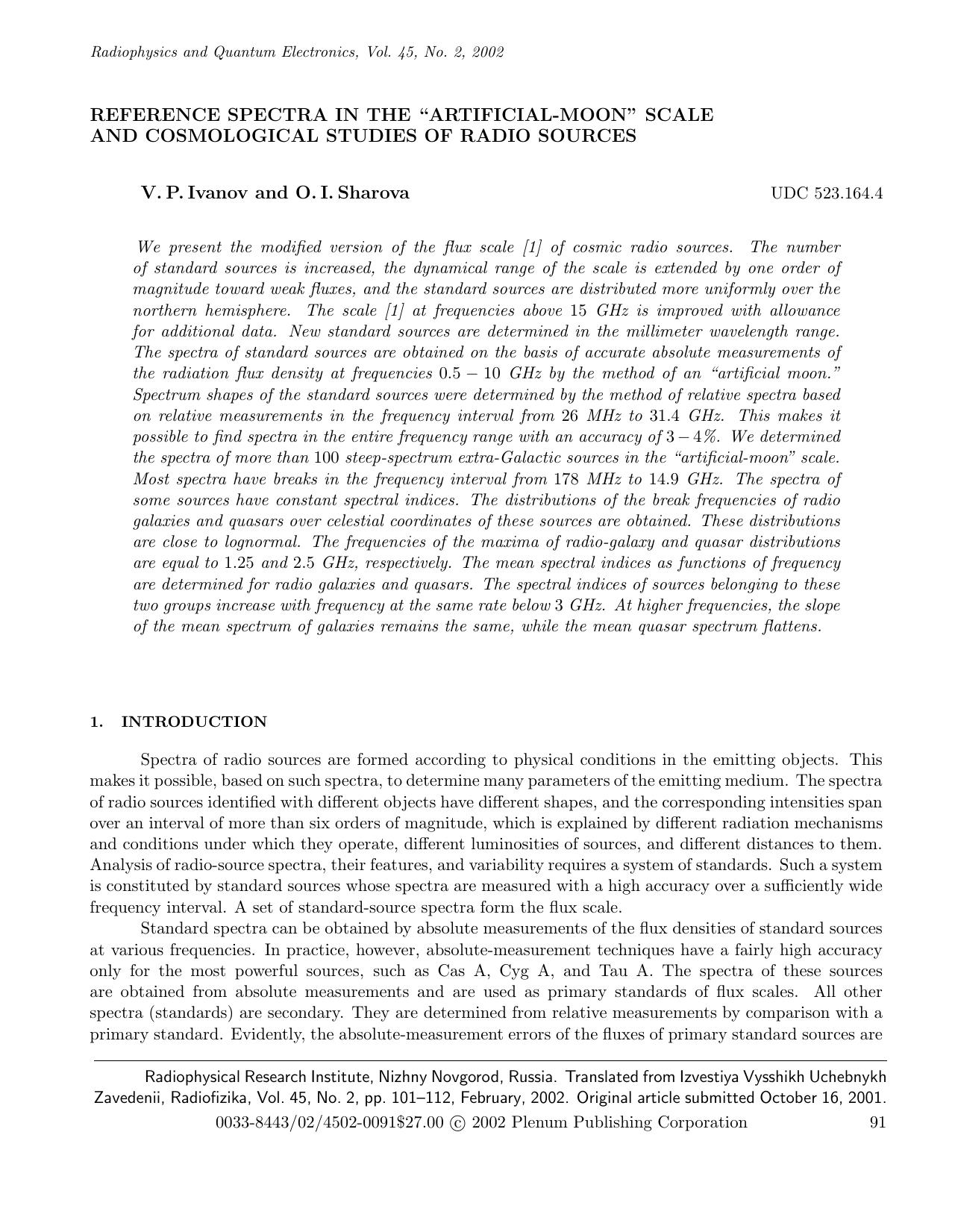 Reference Spectra in the &#x201C;Artificial-Moon&#x201D; Scale and Cosmological Studies of Radio Sources by Unknown