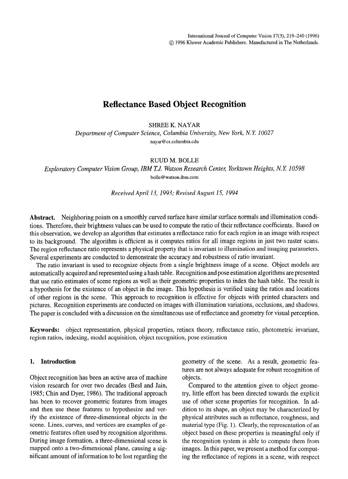 Reflectance based object recognition by Unknown