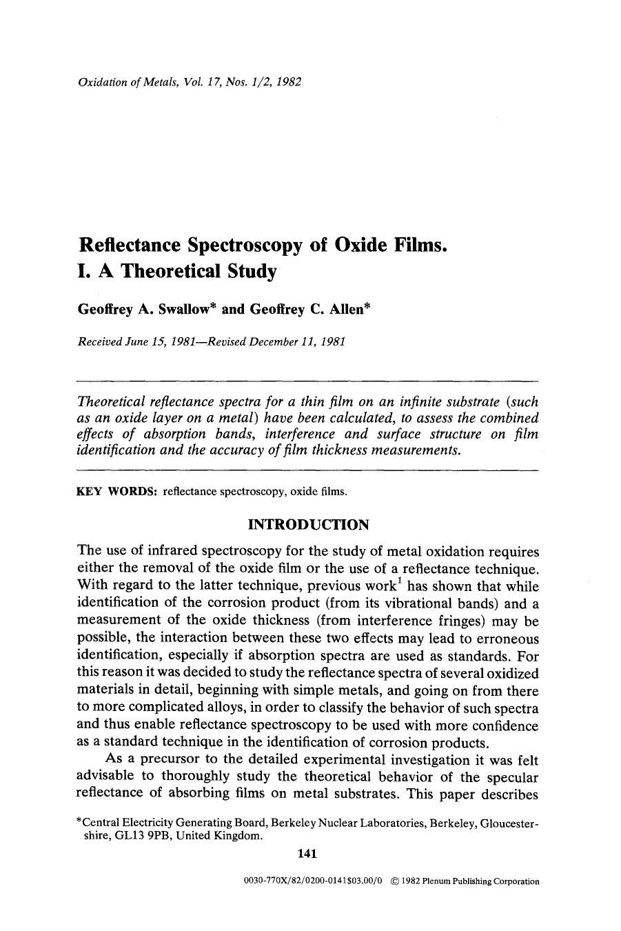 Reflectance spectroscopy of oxide films. I. A theoretical study by Unknown