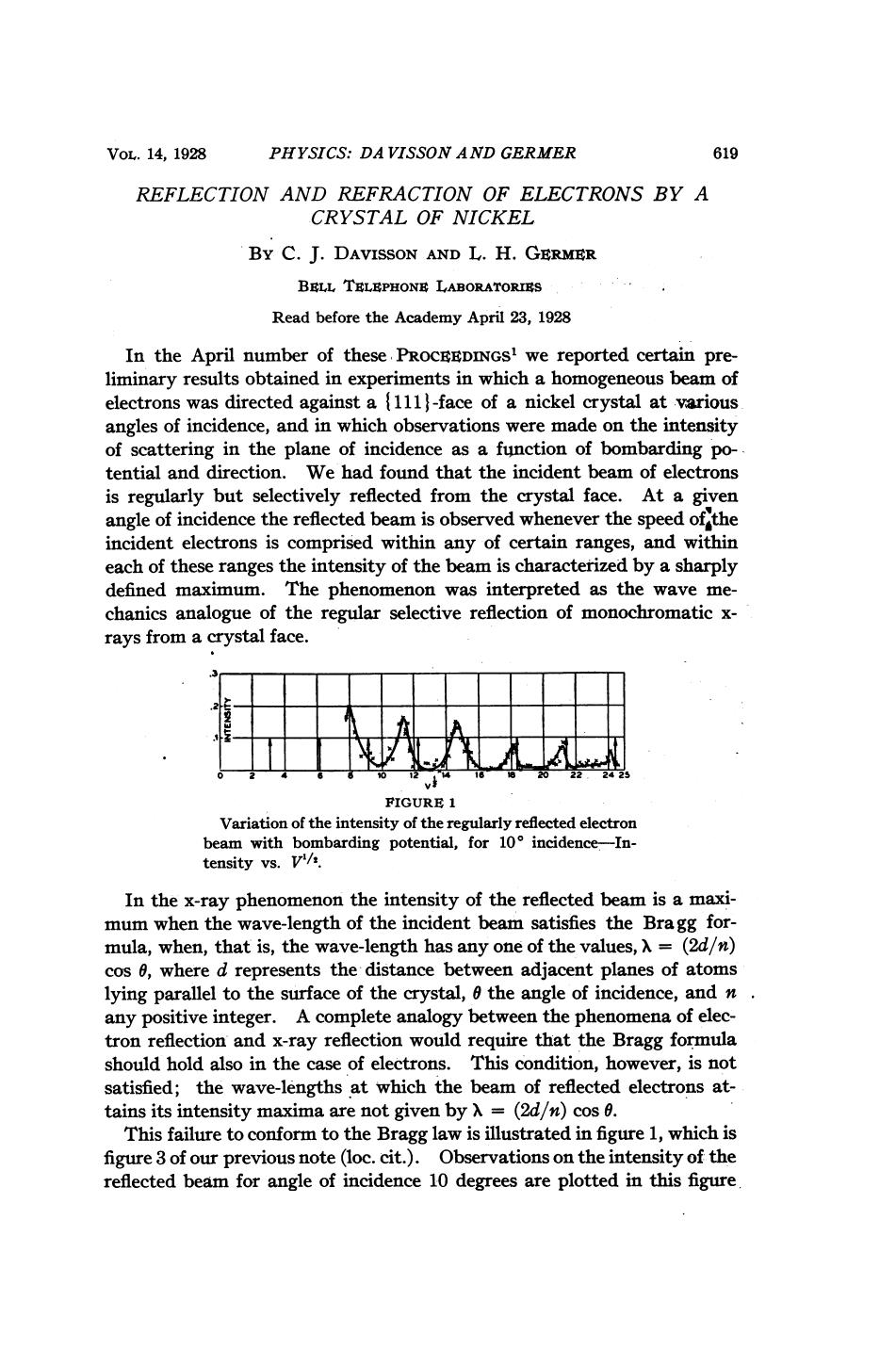 Reflection and Refraction of Electrons by a Crystal of Nickel by C. J Davisson
