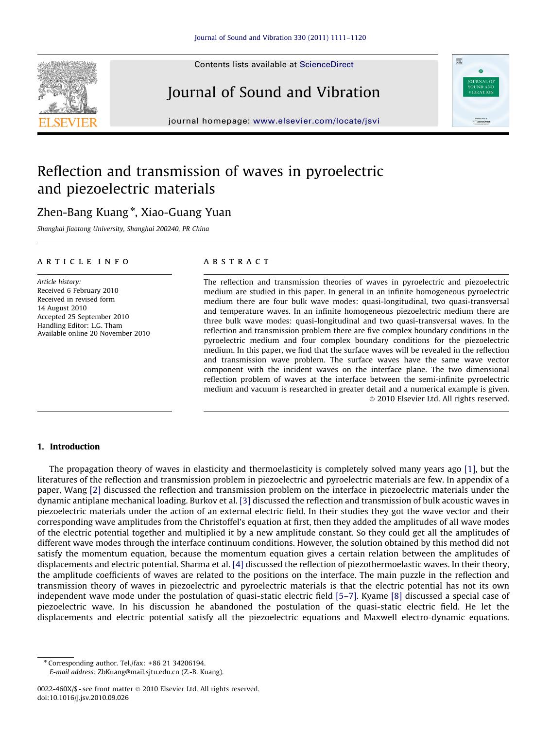 Reflection and transmission of waves in pyroelectric and piezoelectric materials by Zhen-Bang Kuang & Xiao-Guang Yuan