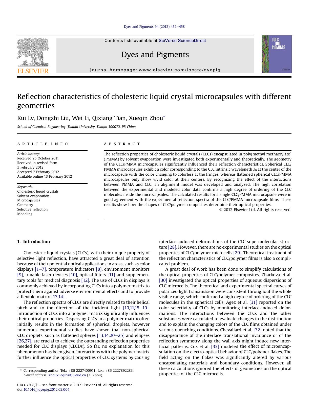 Reflection characteristics of cholesteric liquid crystal microcapsules with different geometries by Kui Lv & Dongzhi Liu & Wei Li & Qixiang Tian & Xueqin Zhou