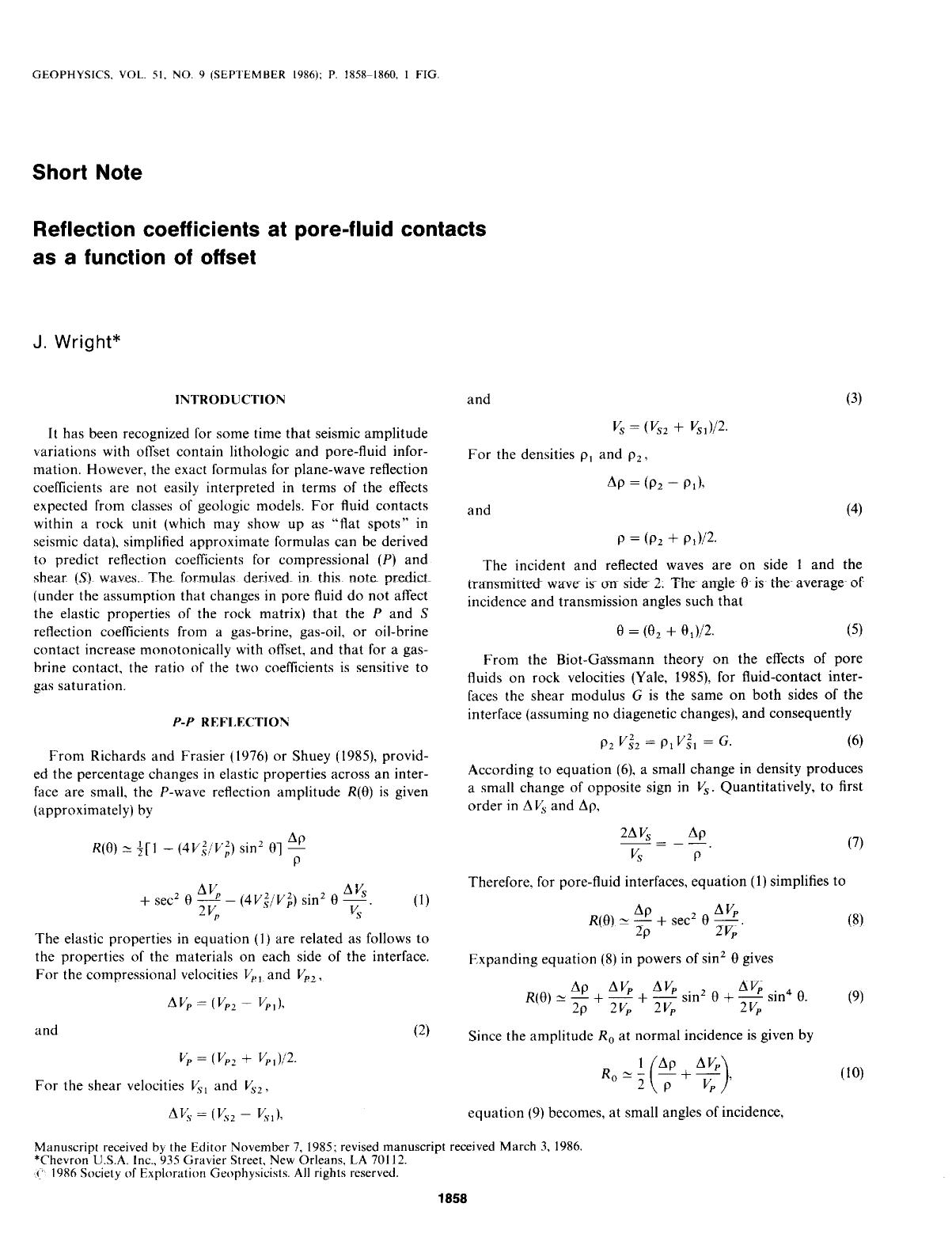 Reflection coefficients at pore-fluid contacts as a function of offset: SHORT NOTE by Wright J