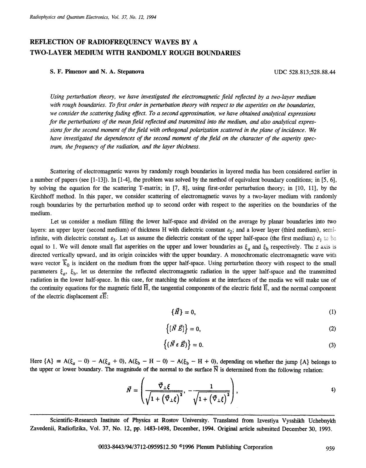 Reflection of radiofrequency waves by a two-layer medium with randomly rough boundaries by Unknown