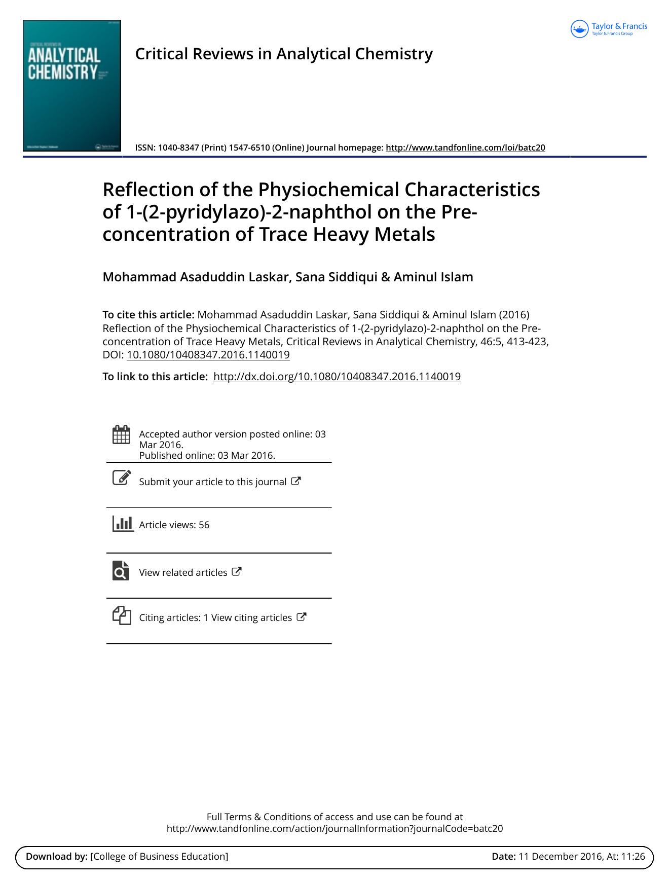 Reflection of the Physiochemical Characteristics of 1-\(2-pyridylazo\)-2-naphthol on the Pre-concentration of Trace Heavy Metals by Mohammad Asaduddin Laskar & Sana Siddiqui & Aminul Islam