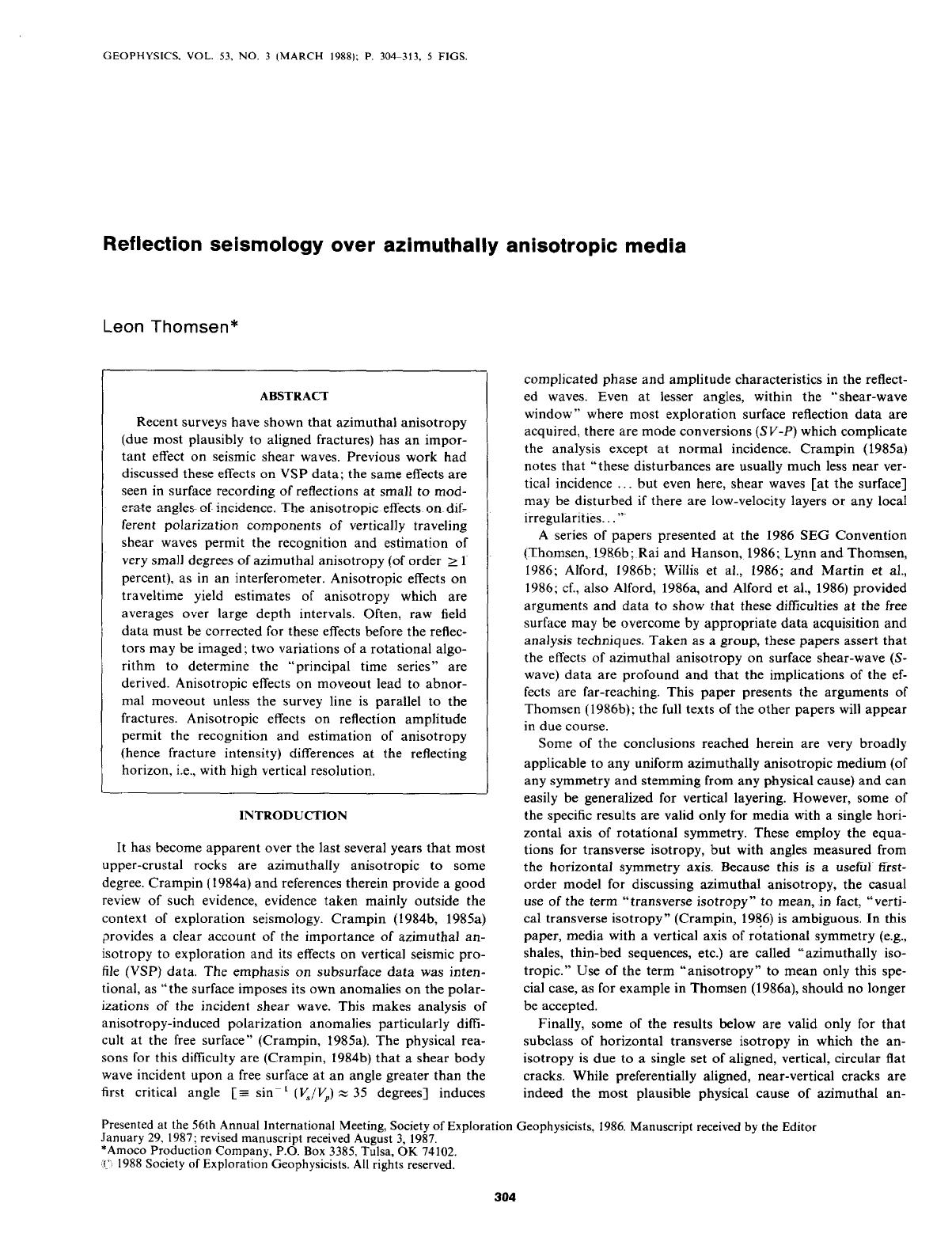 Reflection seismology over azimuthally anisotropic media by Thomsen L