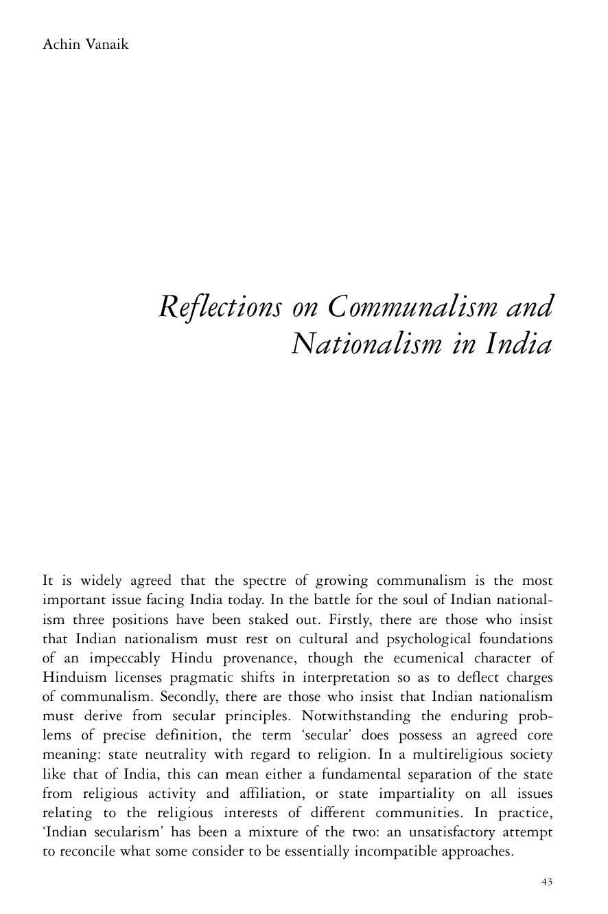Reflections on Communalism and Nationalism in India by Achin Vanaik