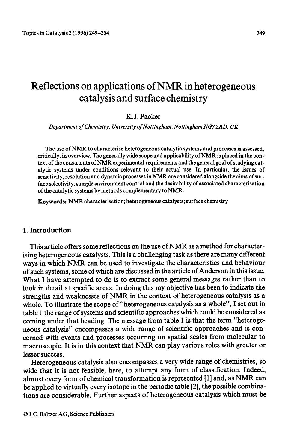 Reflections on applications of NMR in heterogeneous catalysis and surface chemistry by Unknown