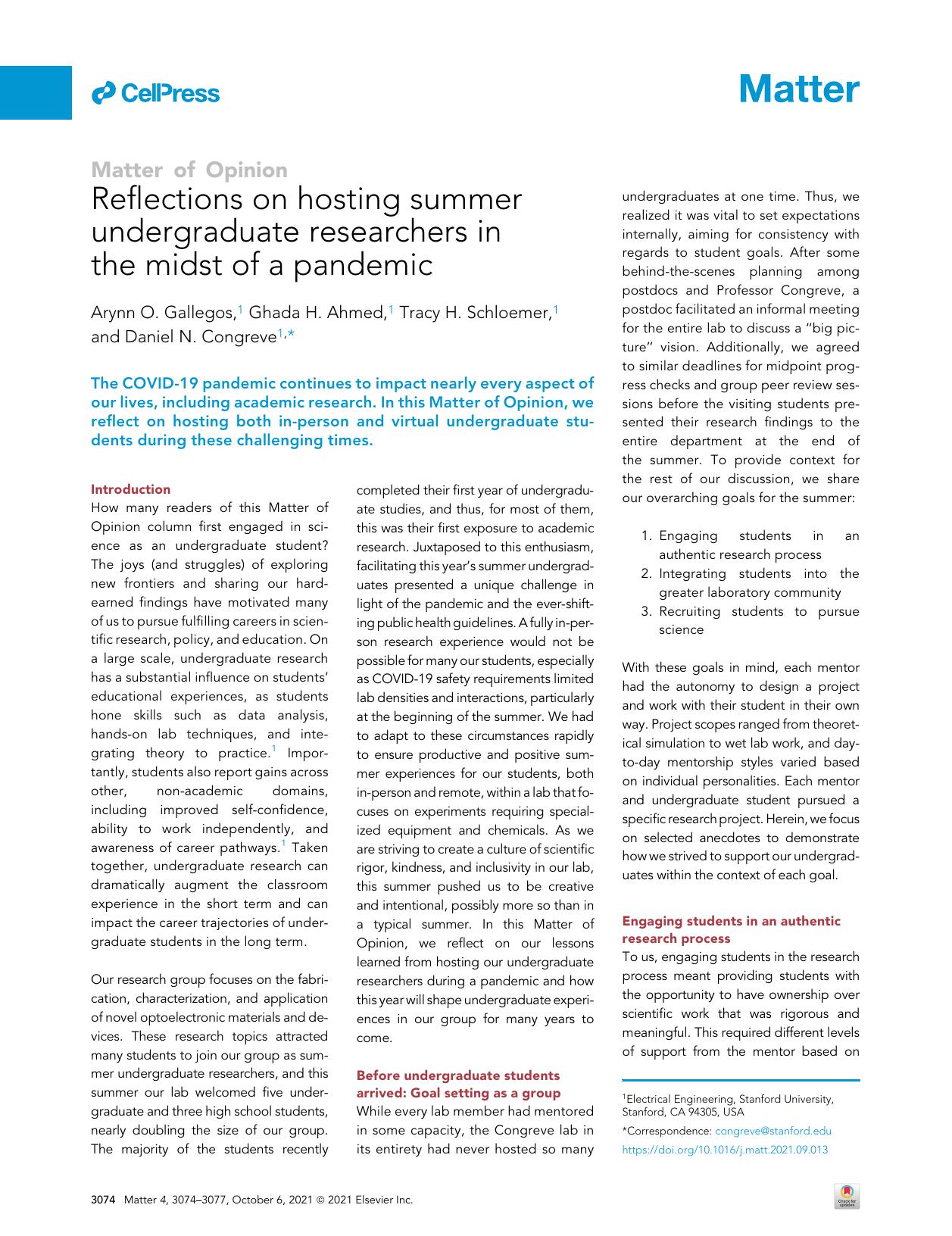 Reflections on hosting summer undergraduate researchers in the midst of a pandemic by Arynn O. Gallegos & Ghada H. Ahmed & Tracy H. Schloemer & Daniel N. Congreve