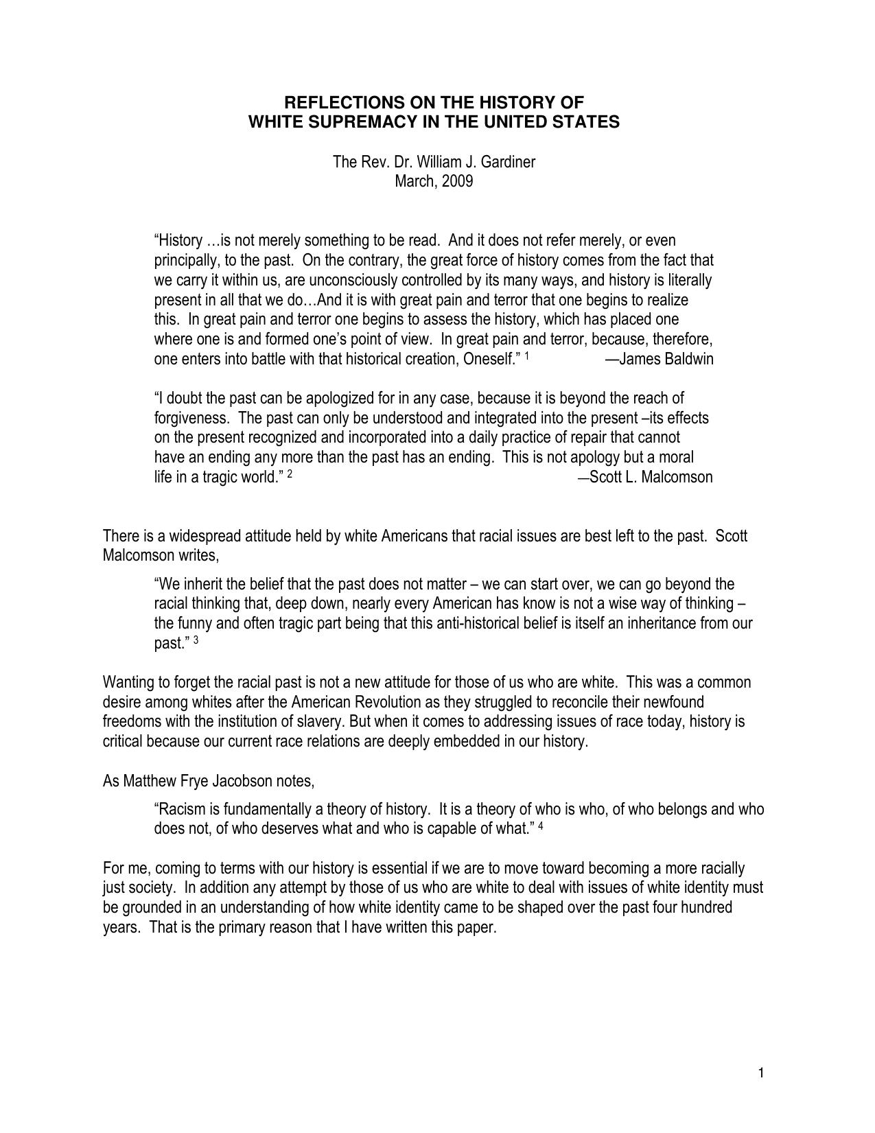 Reflections on the History of White Supremacy in the United States by Rev. Dr. William J. Gardiner