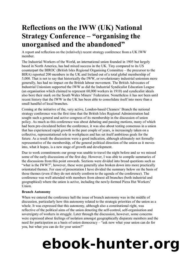 Reflections on the IWW (UK) National Strategy Conference â âorganising the unorganised and the abandonedâ by Unknown