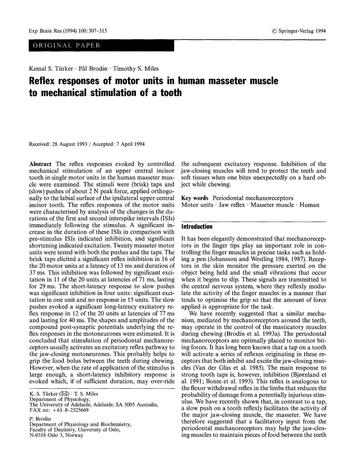Reflex responses of motor units in human masseter muscle to mechanical stimulation of a tooth by Unknown