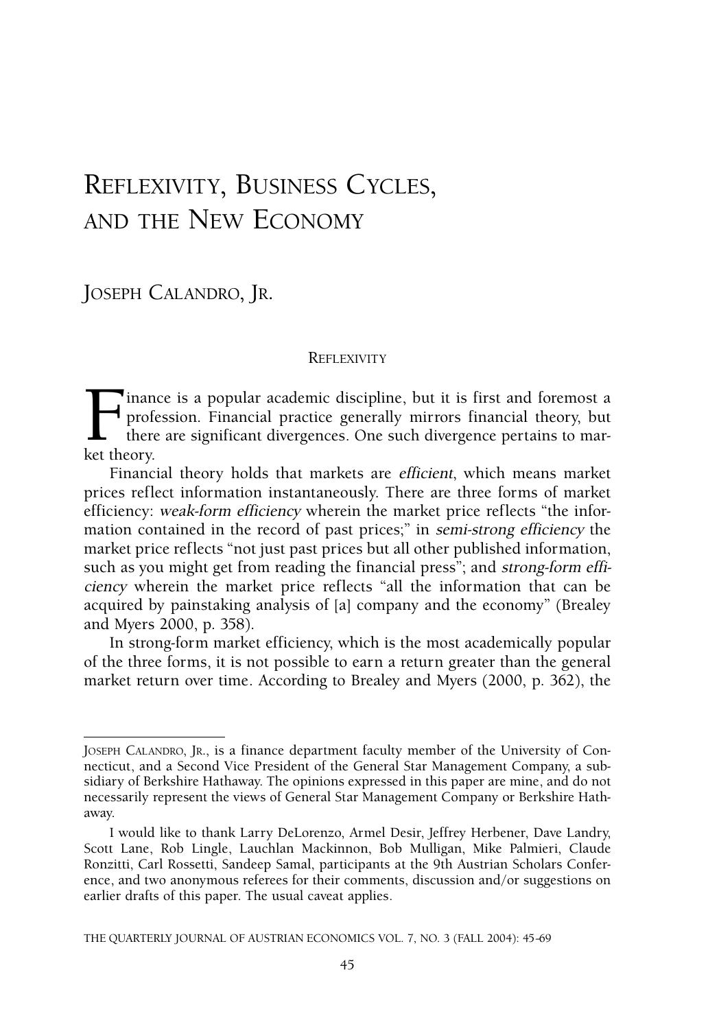 Reflexivity, Business Cycles, and the New Economy by Joseph Calandro Jr