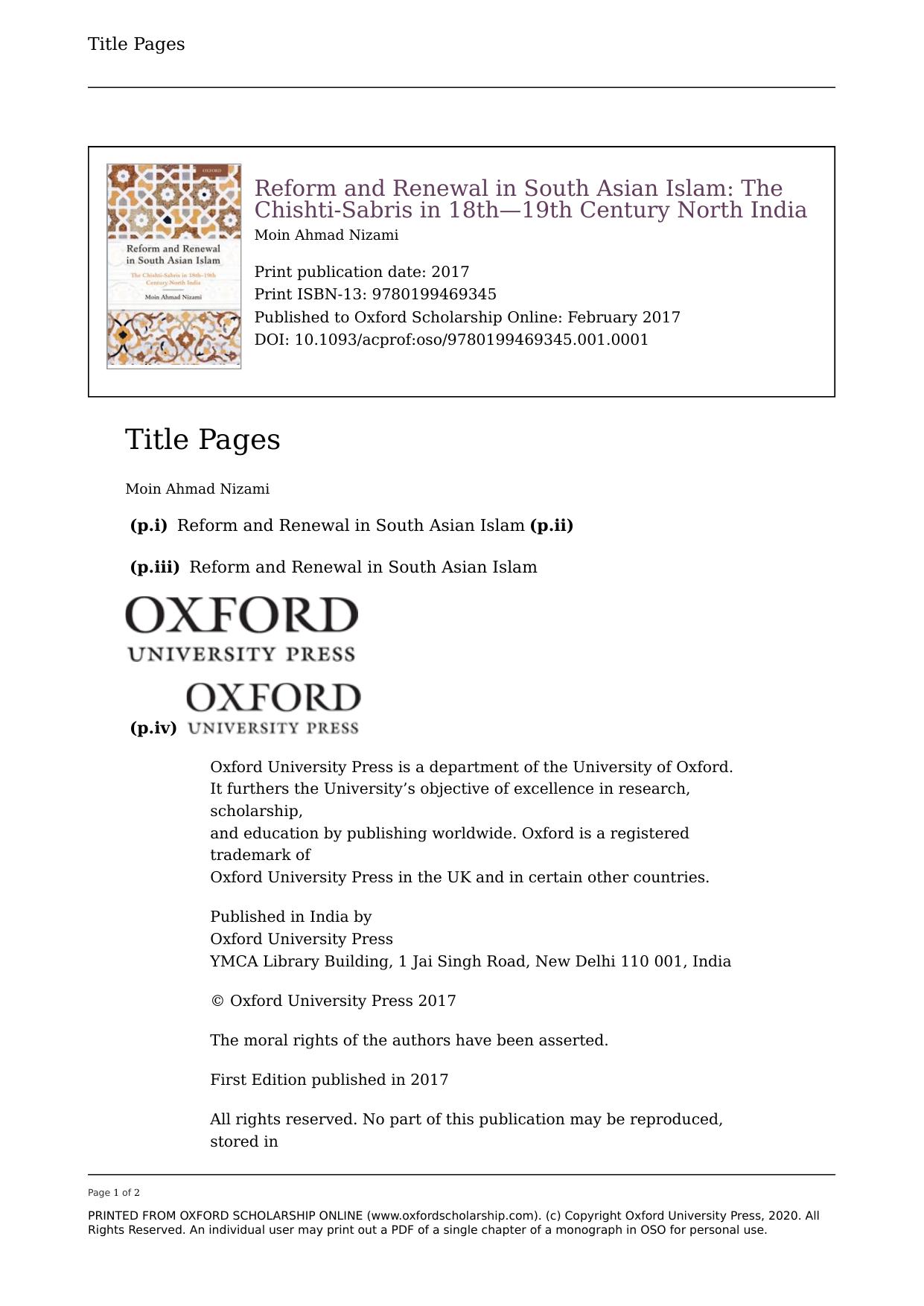 Reform and Renewal in South-Asian Islam: The Chishti-Sabris in 18th-19th Century North India by Moin Ahmad Nizami