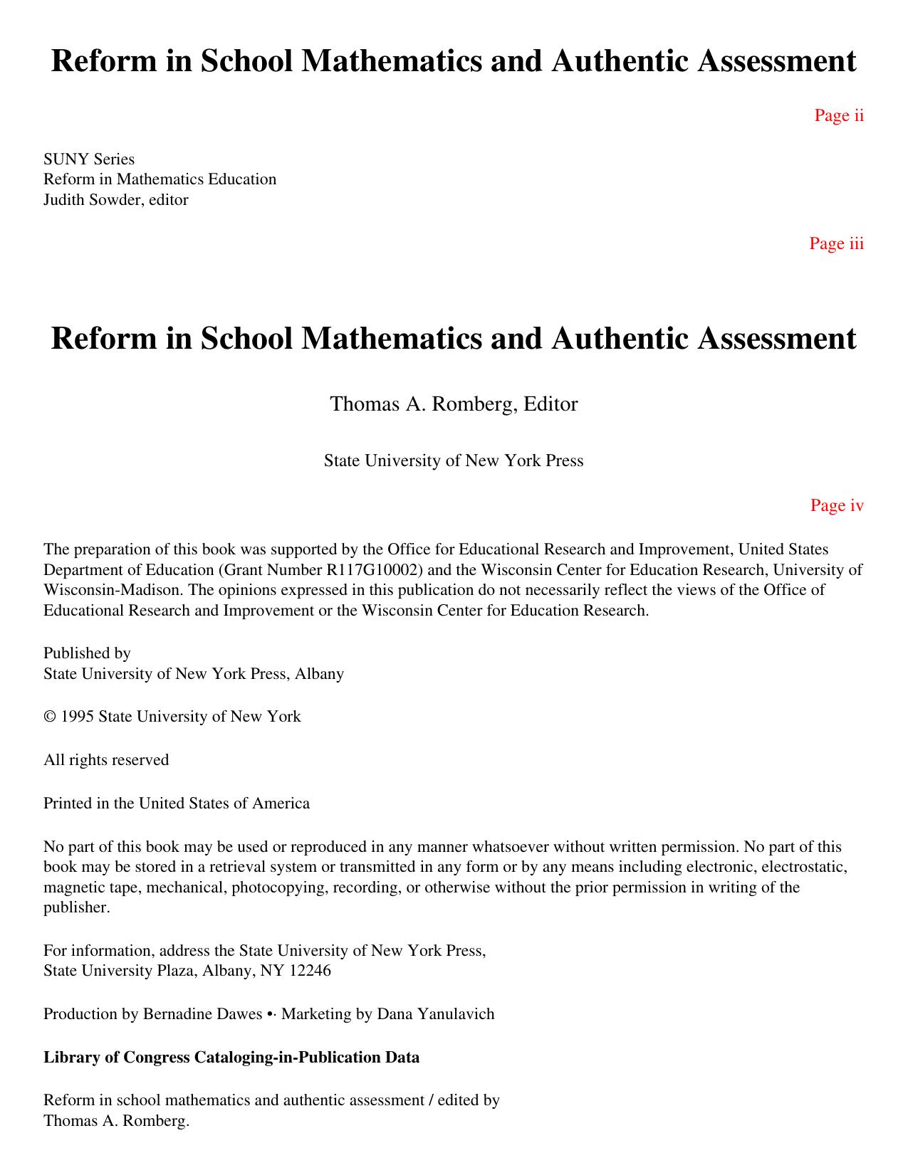 Reform in School Mathematics and Authentic Assessment by Thomas A. Romberg; Thomas A. Romberg