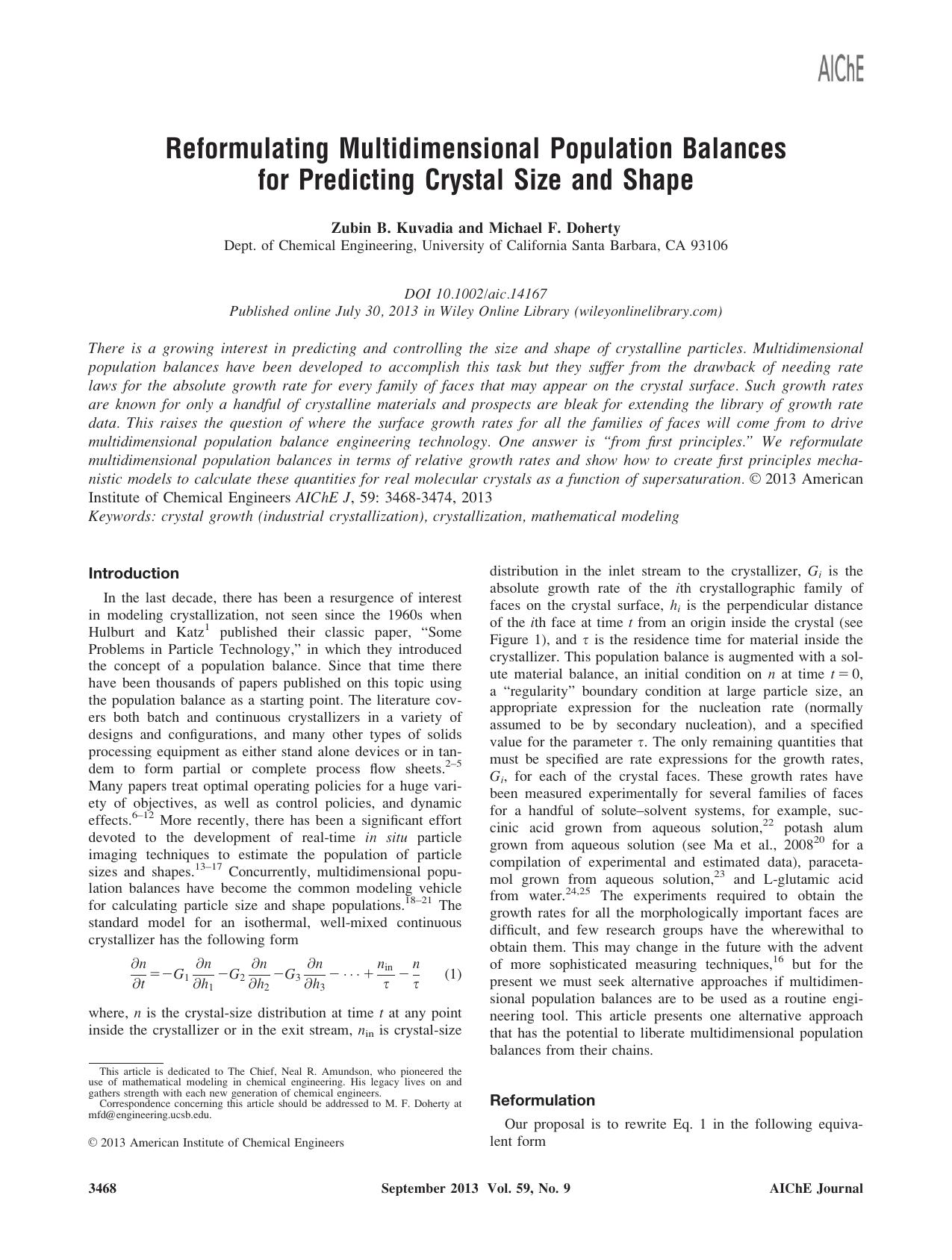 Reformulating multidimensional population balances for predicting crystal size and shape by Unknown