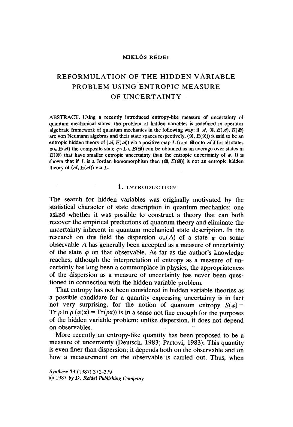Reformulation of the hidden variable problem using entropic measure of uncertainty by Unknown