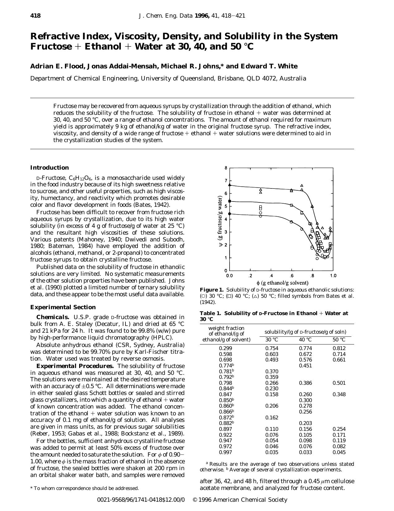 Refractive Index, Viscosity, Density, and Solubility in the System Fructose + Ethanol + Water at 30, 40, and 50 oC by Adrian E. Flood Jonas Addai-Mensah Michael R. Johns * and Edward T. White