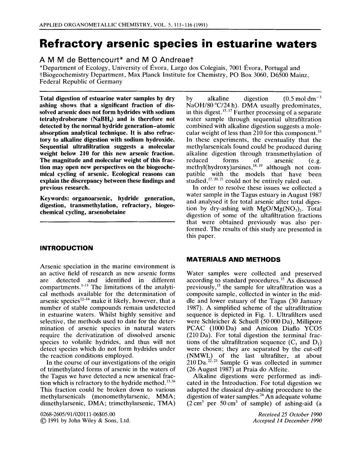 Refractory arsenic species in estuarine waters by Unknown