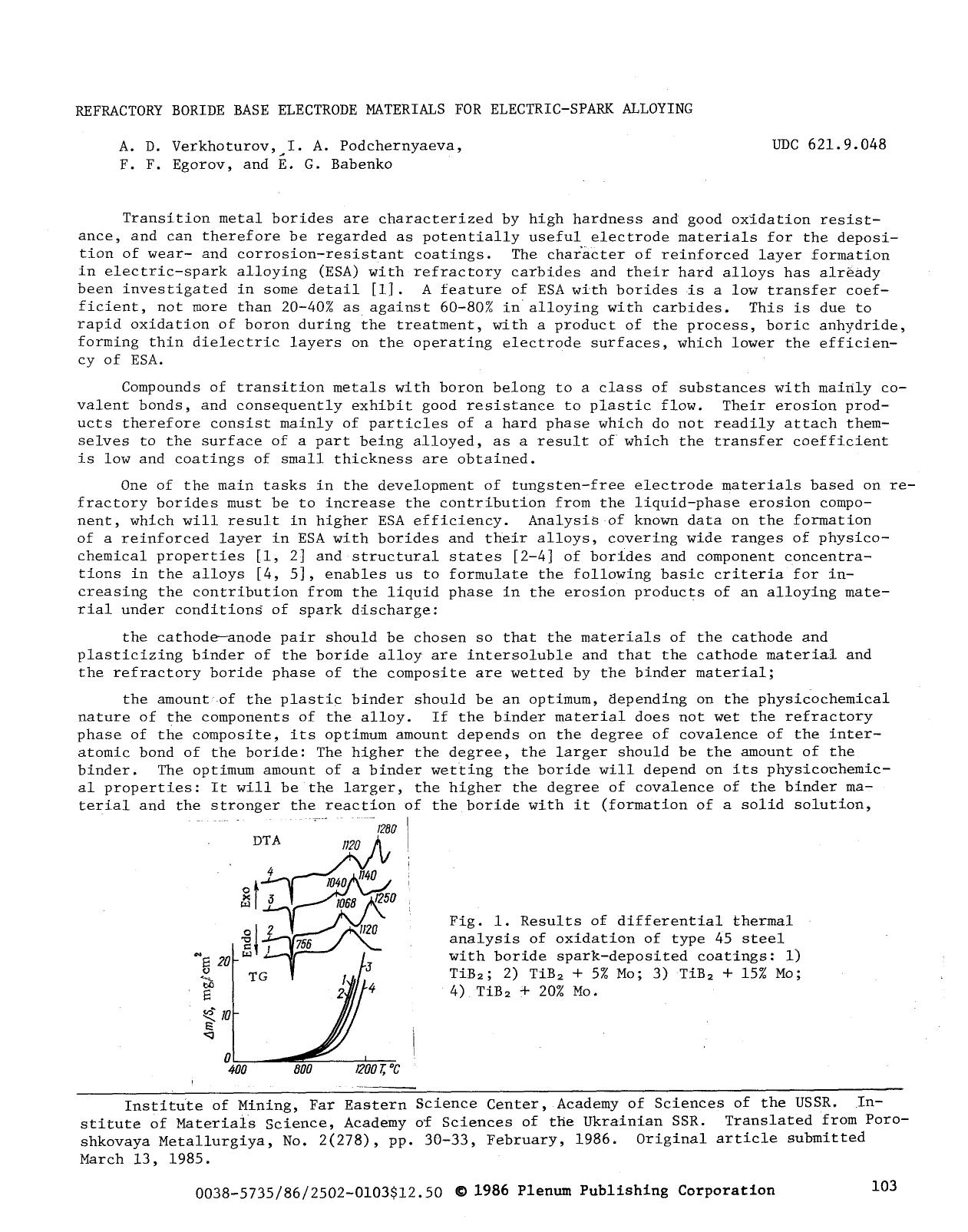 Refractory boride base electrode materials for electric-spark alloying by Unknown