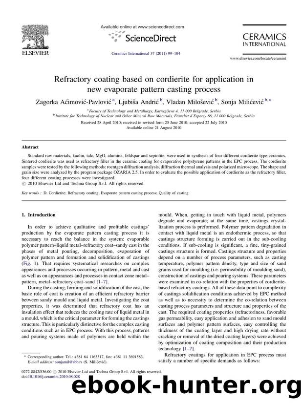 Refractory coating based on cordierite for application in new evaporate pattern casting process by Zagorka AÄ‡imoviÄ‡-PavloviÄ‡