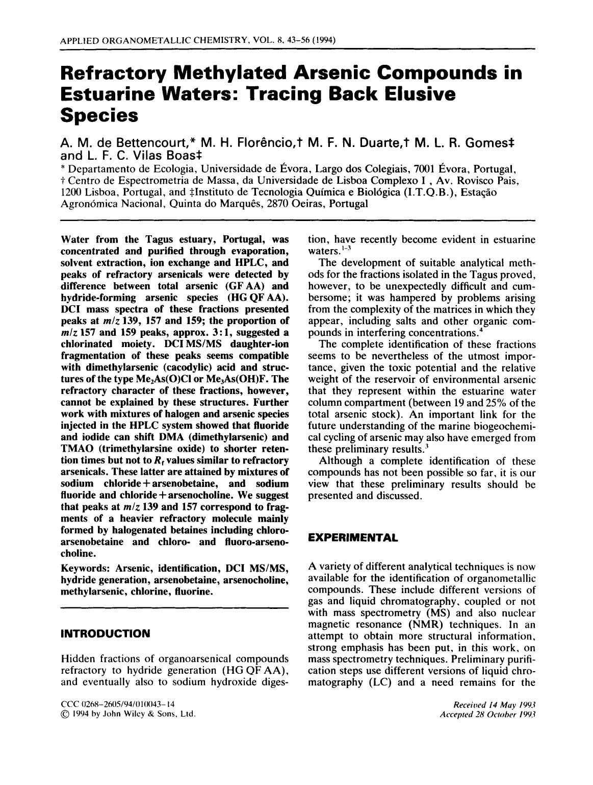 Refractory methylated arsenic compounds in estuarine waters: Tracing back elusive species by Unknown