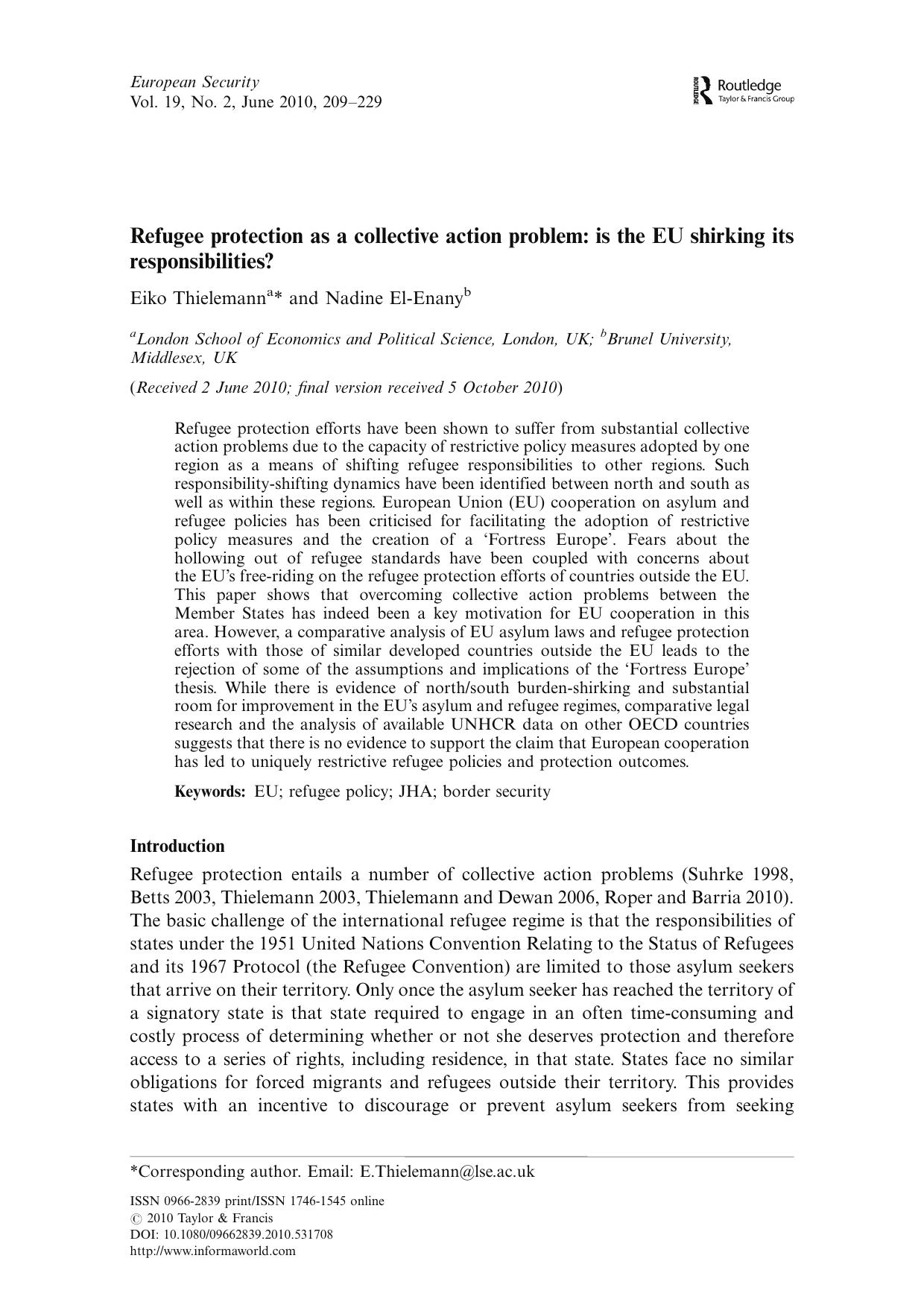 Refugee protection as a collective action problem: is the EU shirking its responsibilities? by BowyerB