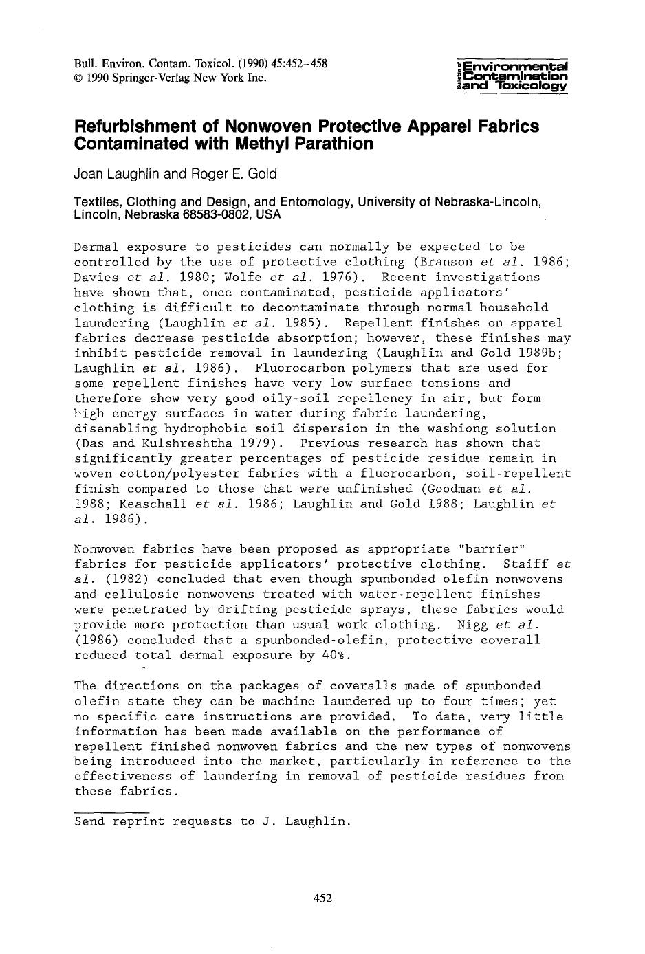 Refurbishment of nonwoven protective apparel fabrics contaminated with methyl parathion by Unknown