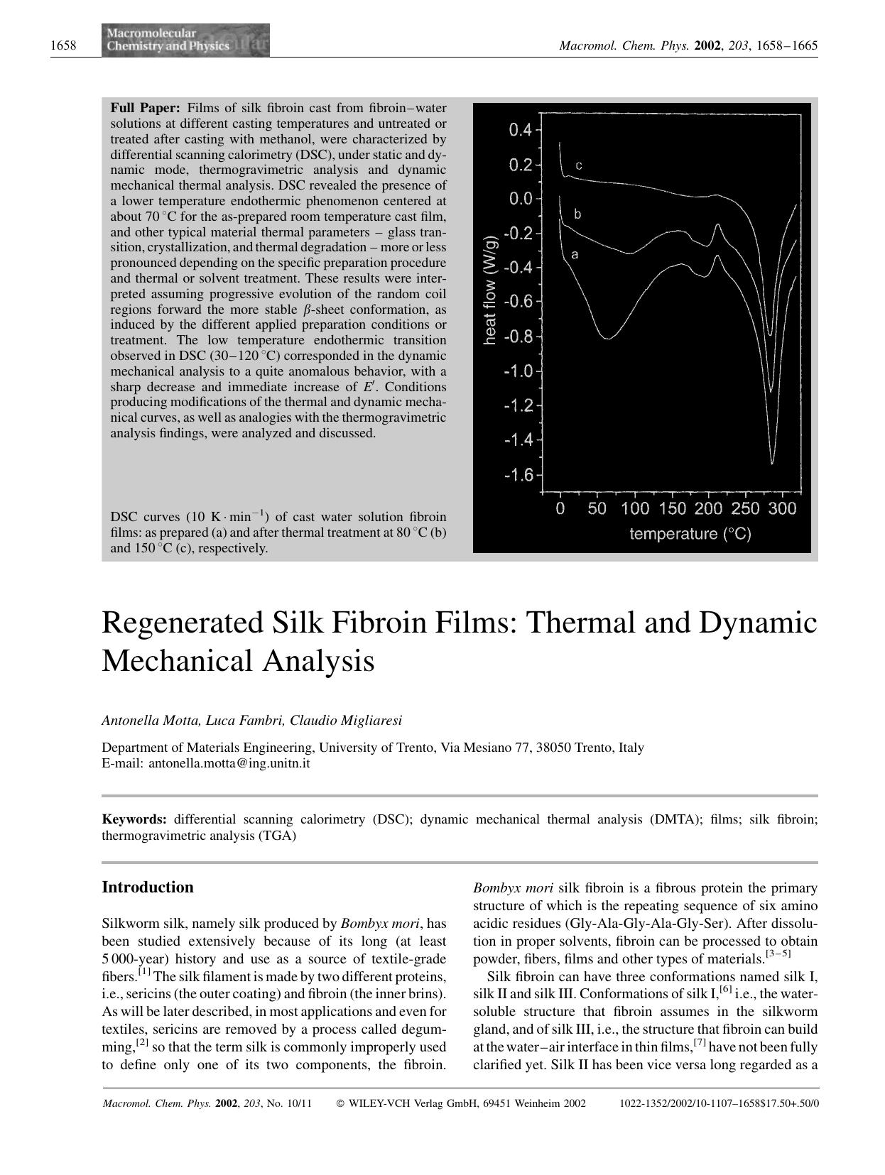 Regenerated silk fibroin films: Thermal and dynamic mechanical analysis by Unknown