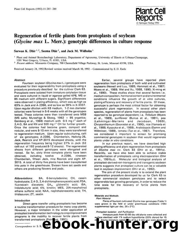 Regeneration of fertile plants from protoplasts of soybean (Glycine max L. Merr.): genotypic differences in culture response by Unknown