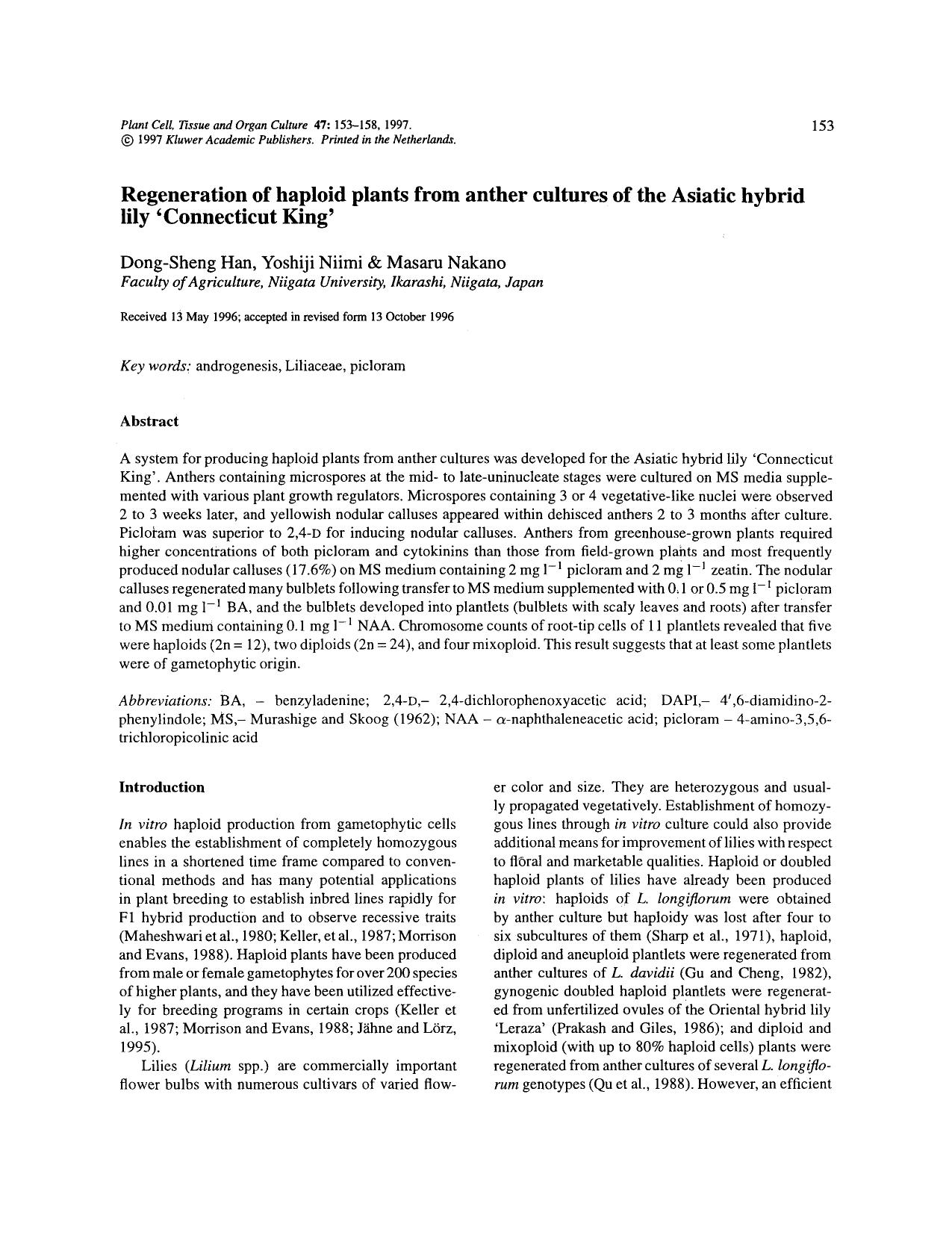 Regeneration of haploid plants from anther cultures of the Asiatic hybrid lily &#x2018;Connecticut King&#x2019; by Unknown