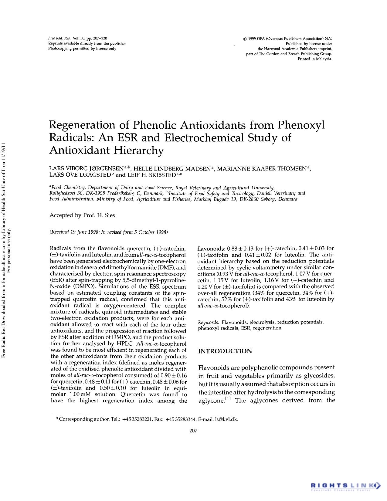 Regeneration of phenolic antioxidants from phenoxyl radicals: An ESR and electrochemical study of antioxidant hierarchy by unknow