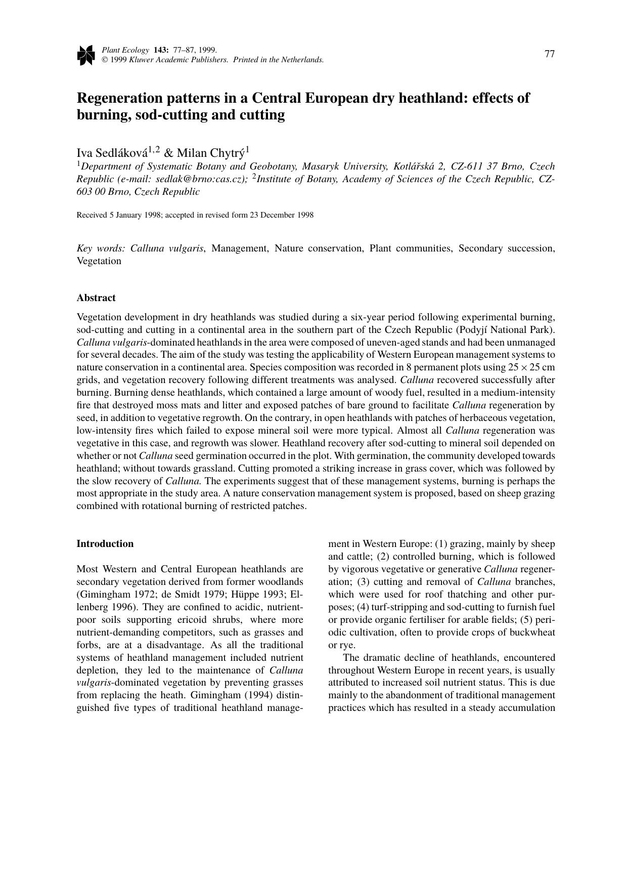 Regeneration patterns in a Central European dry heathland: effects of burning, sod-cutting and cutting by Unknown