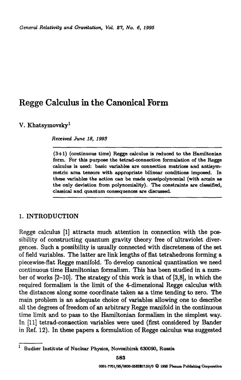 Regge calculus in the canonical form by Unknown