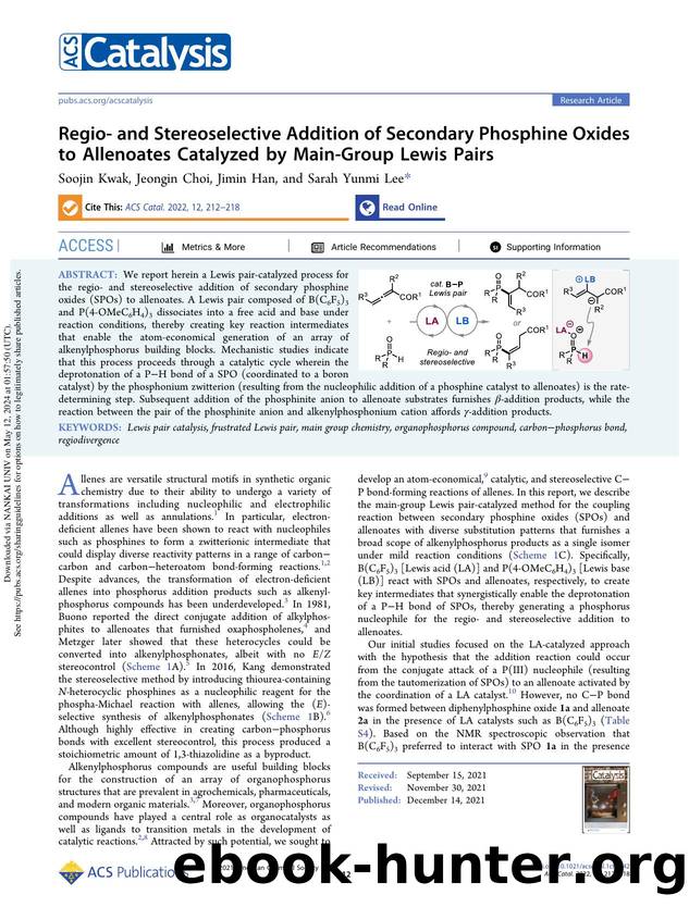 Regio- and Stereoselective Addition of Secondary Phosphine Oxides to Allenoates Catalyzed by Main-Group Lewis Pairs by Soojin Kwak Jeongin Choi Jimin Han & Sarah Yunmi Lee