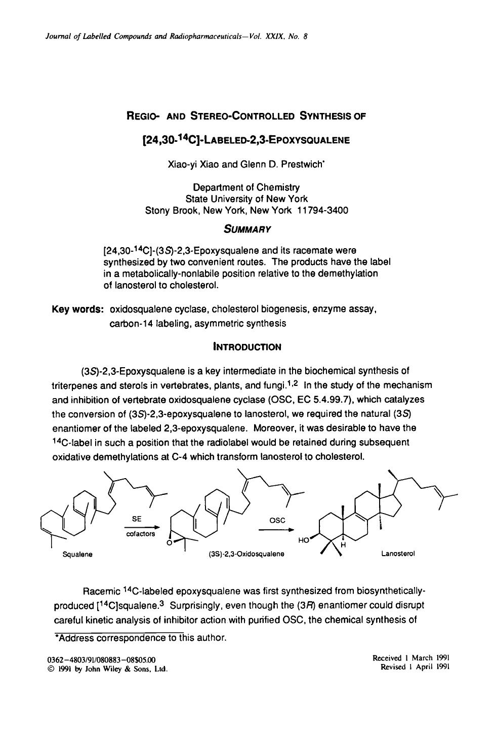 Regio- and stereo-controlled synthesis of [24,30-14C]-labeled-2,3-epoxysqualene by Unknown