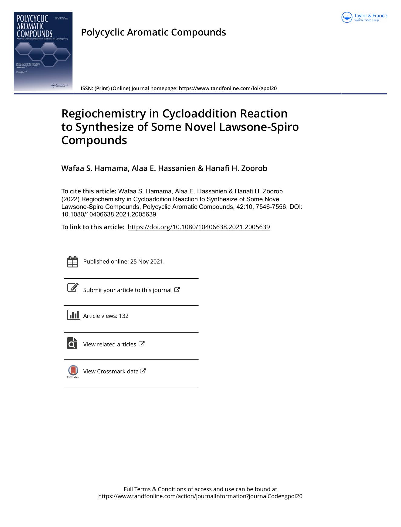 Regiochemistry in Cycloaddition Reaction to Synthesize of Some Novel Lawsone-Spiro Compounds by Hamama Wafaa S. & Hassanien Alaa E. & Zoorob Hanafi H