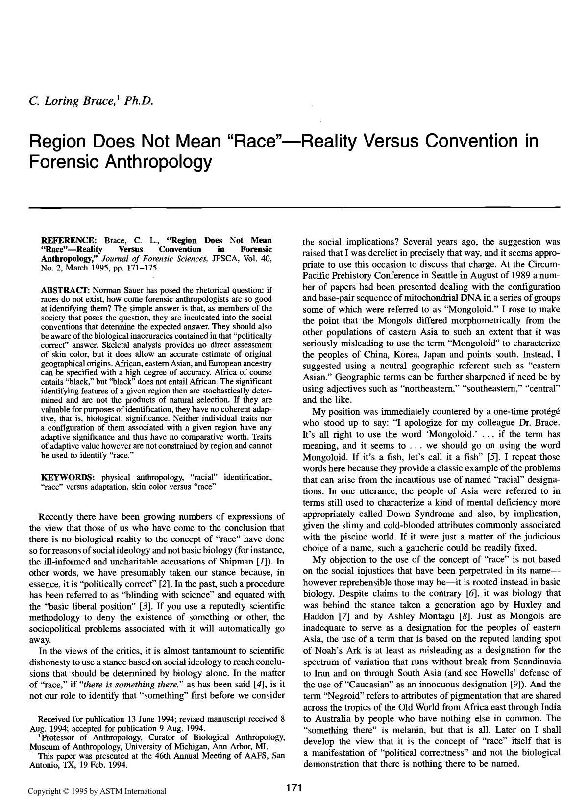 Region Does Not Mean &ldquo;Race&rdquo;ŁReality Versus Convention in Forensic Anthropology by Brace CL