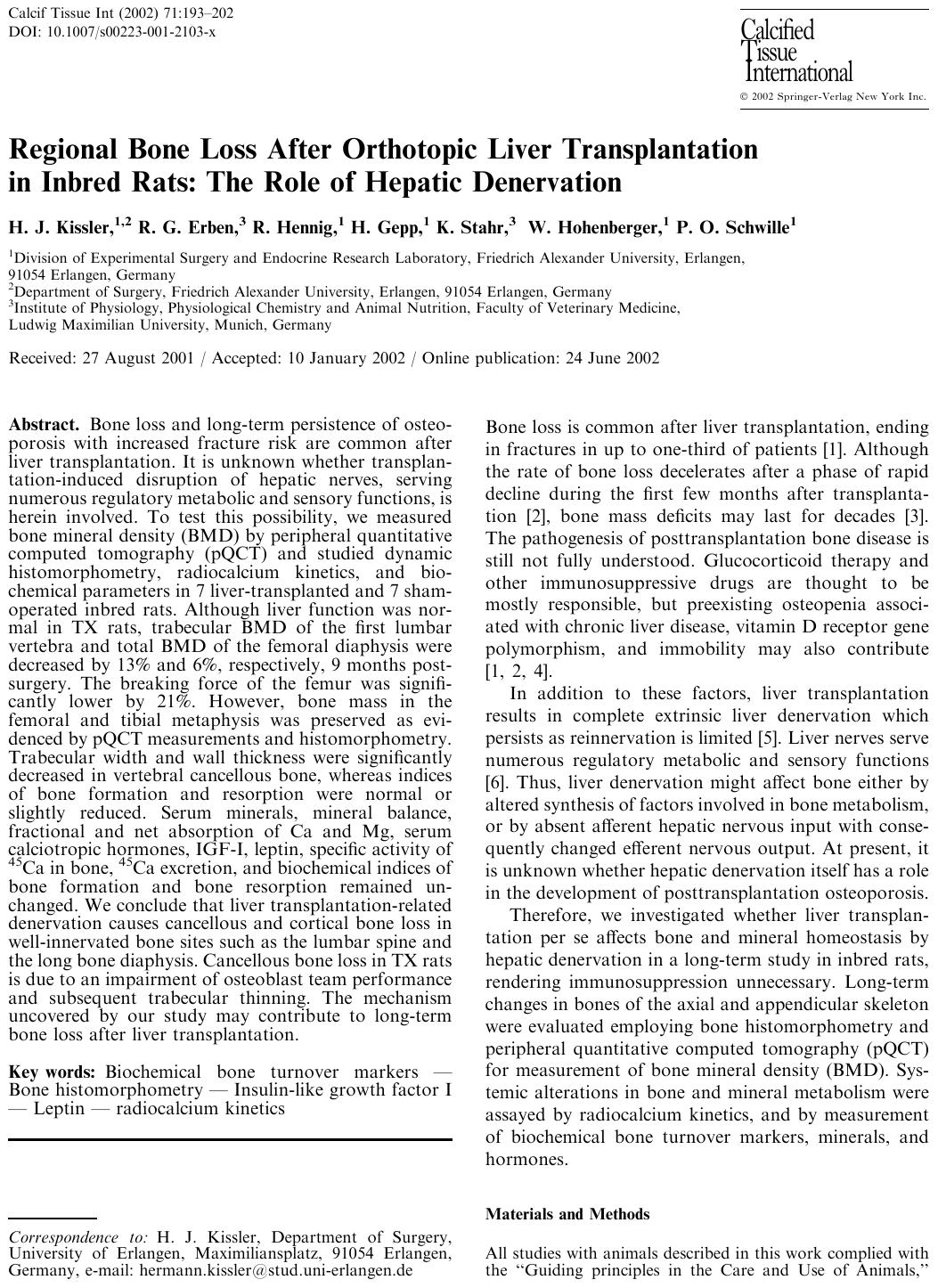 Regional Bone Loss After Orthotopic Liver Transplantation in Inbred Rats: The Role of Hepatic Denervation by Kissler H.J. et al