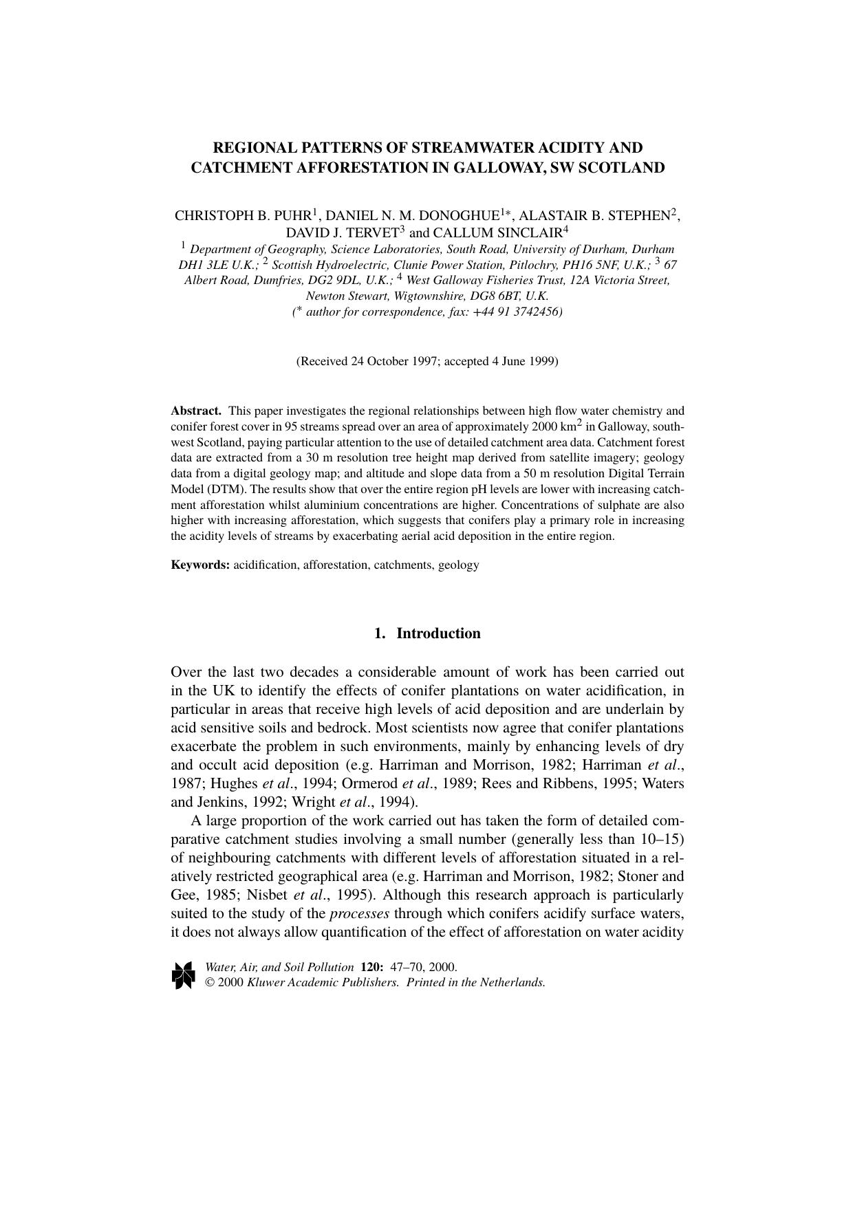 Regional Patterns of Streamwater Acidity and Catchment Afforestation in Galloway, SW Scotland by Unknown