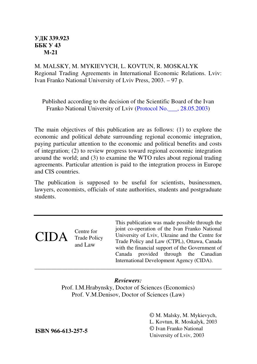 Regional Trading Agreements in International Economic Relations by Malsky M. Mykievych M