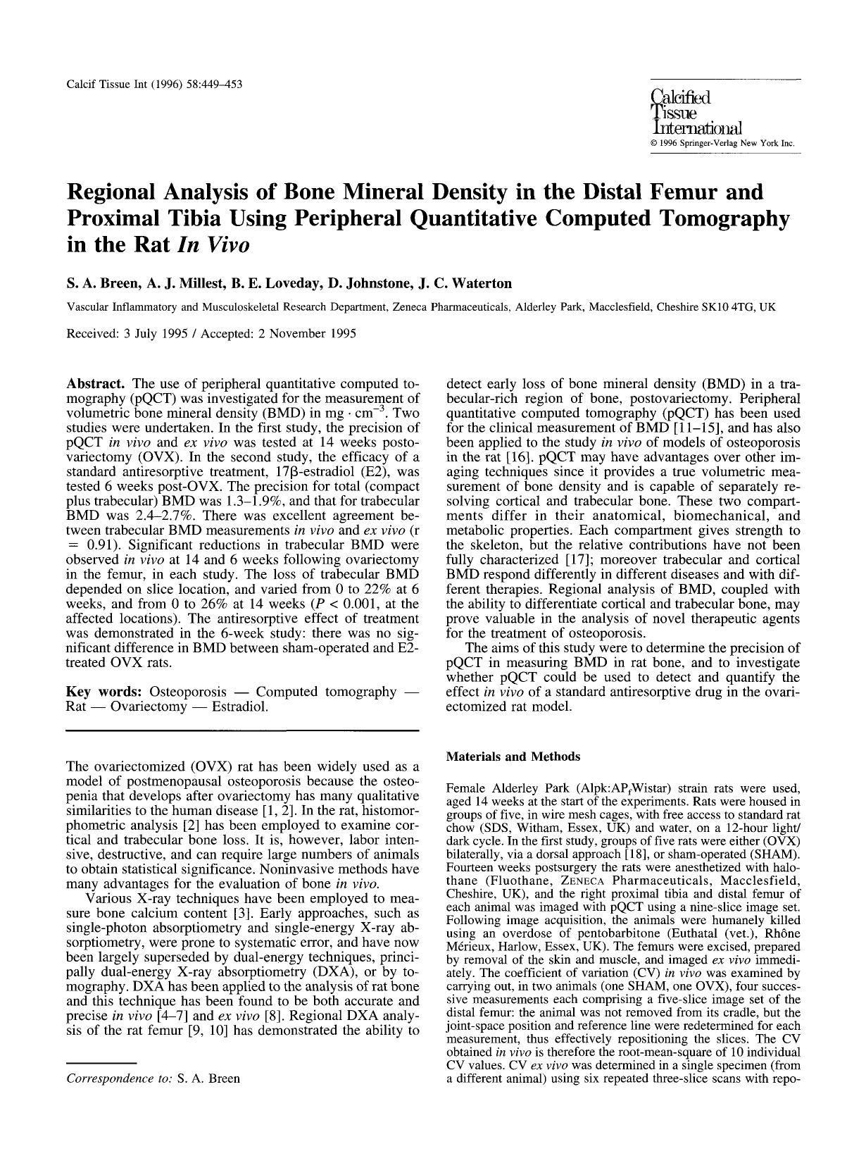 Regional analysis of bone mineral density in the distal femur and proximal tibia using peripheral quantitative computed tomography in the rat <Emphasis Type="Italic">in vivo <Emphasis> by Unknown